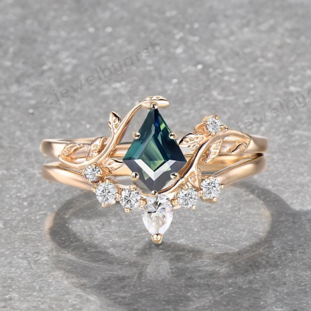 Kite Cut Green Sapphire Ring, Leaf Inspired Engagement Ring, Green Sapphire Bridal Jewelry, Moissanite & CZ Diamond Ring