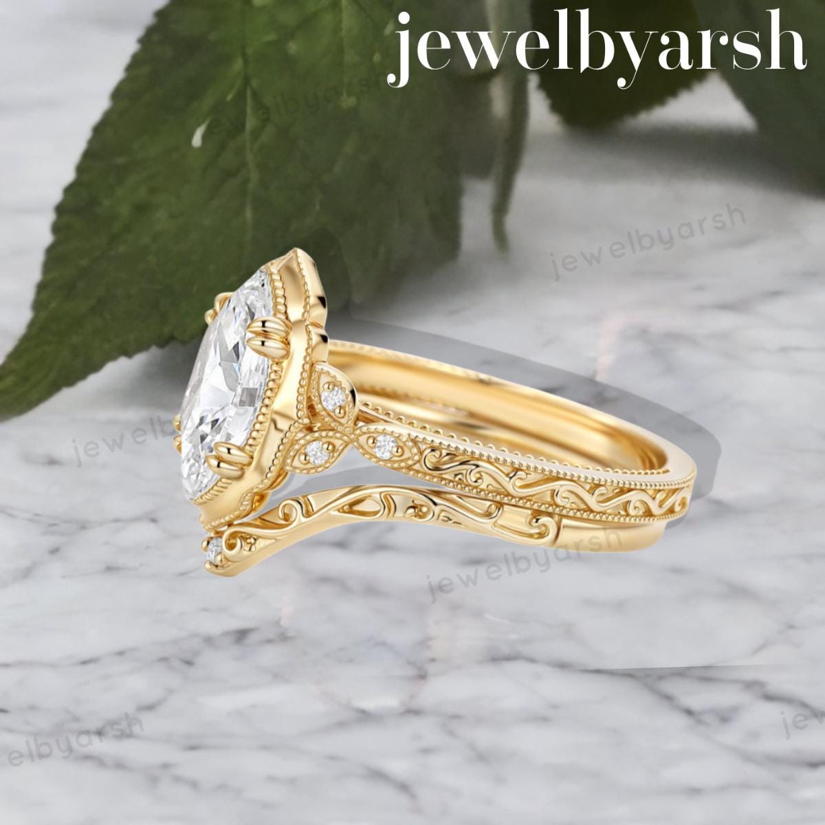 Marquise Moissanite Engagement Ring Set, Rose Gold Art Deco Bridal Ring, 925 Sterling Silver, Lab Created Moissanite & CZ