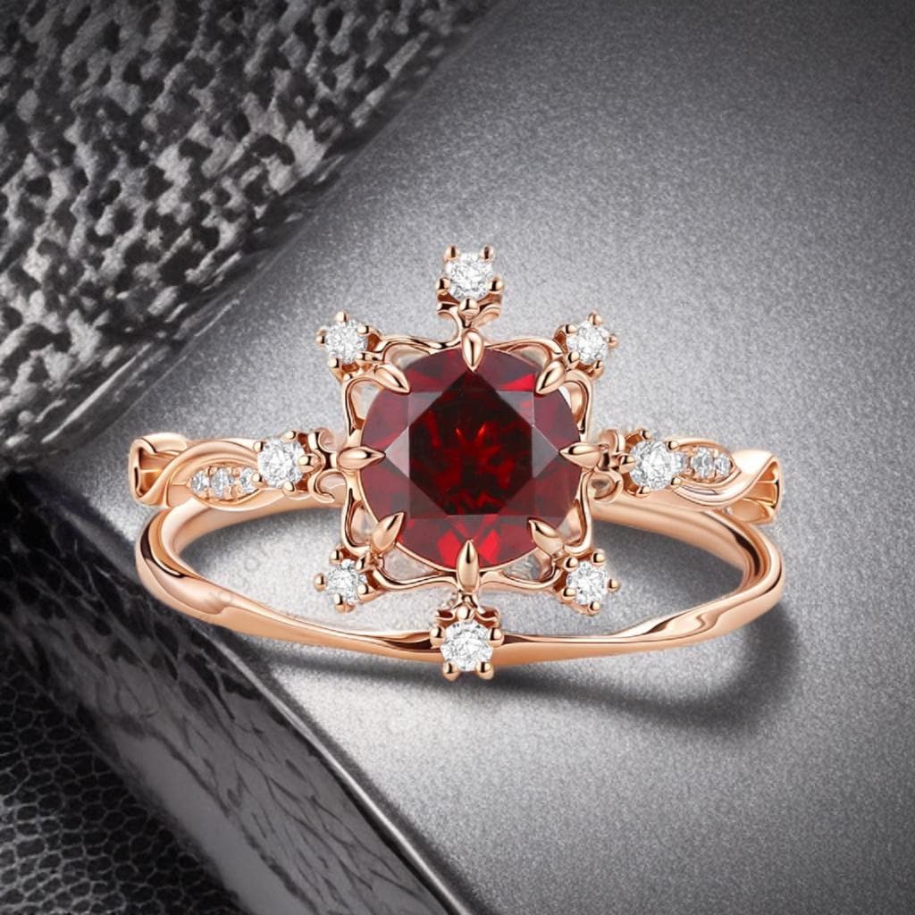 Halo Garnet Engagement Ring: Art Deco Diamond Bridal Ring