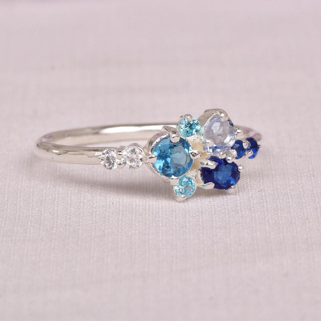 Tanzanite Lab Alexandrite And Teal Sapphire Cluster Ring, Hand Made Cluster Wedding Ring, Aquamarine Bridal Wedding Ring,  Multi Stones Ring