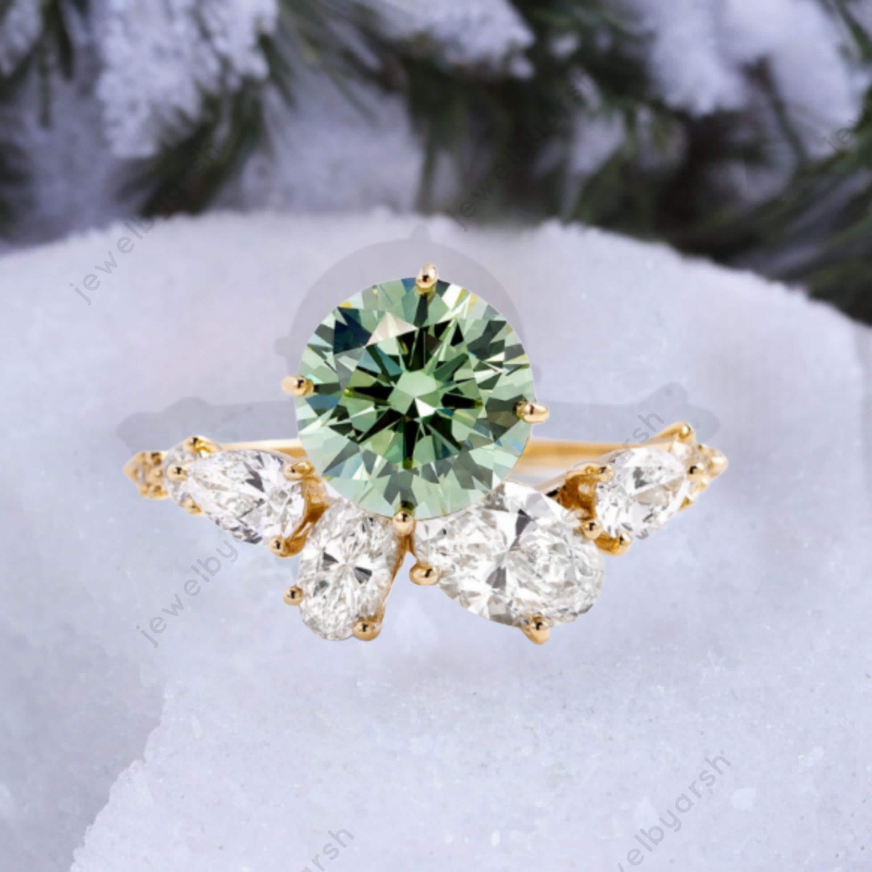 Green Peridot Ring, August Birthstone Ring, Pear Cut Peridot Solitaire, Oval Moissanite Accent Ring, 925 Sterling Silver Jewelry