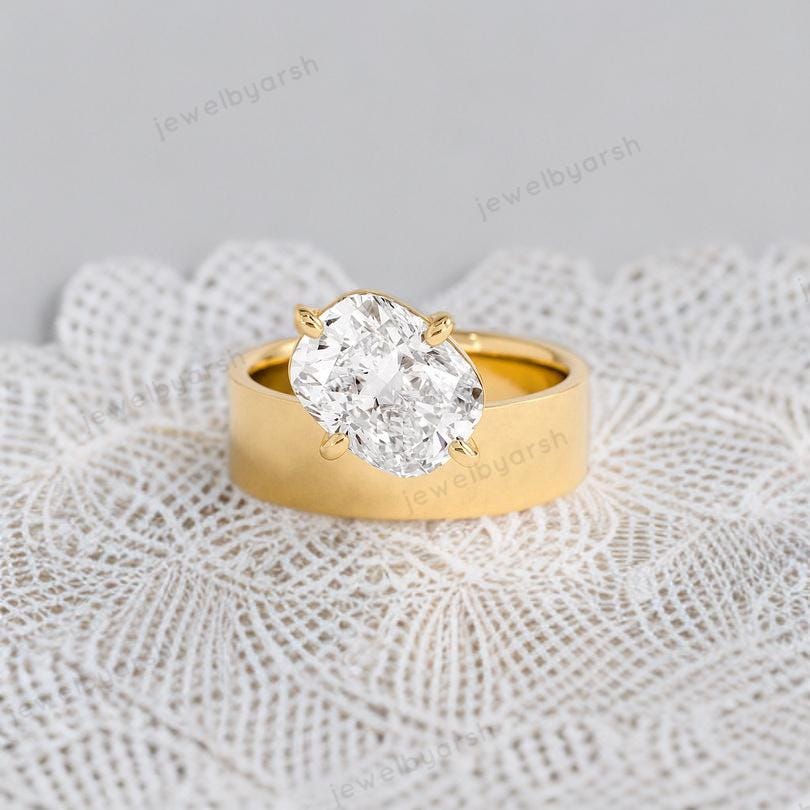 Oval Moissanite Signet Ring, Yellow Gold Ring, Unisex Moissanite Bridal Ring, 925 Sterling Silver Band, Oval Solitaire Engagement Ring