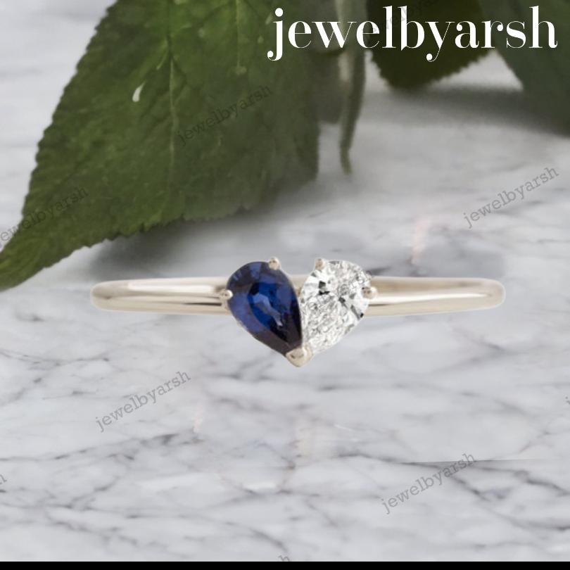 Toi Et Moi Blue Sapphire Moissanite Teardrop Ring | Two Stone Pear Drop Shape Promise Ring In 14K Gold & Silver | Unique Gift For Her