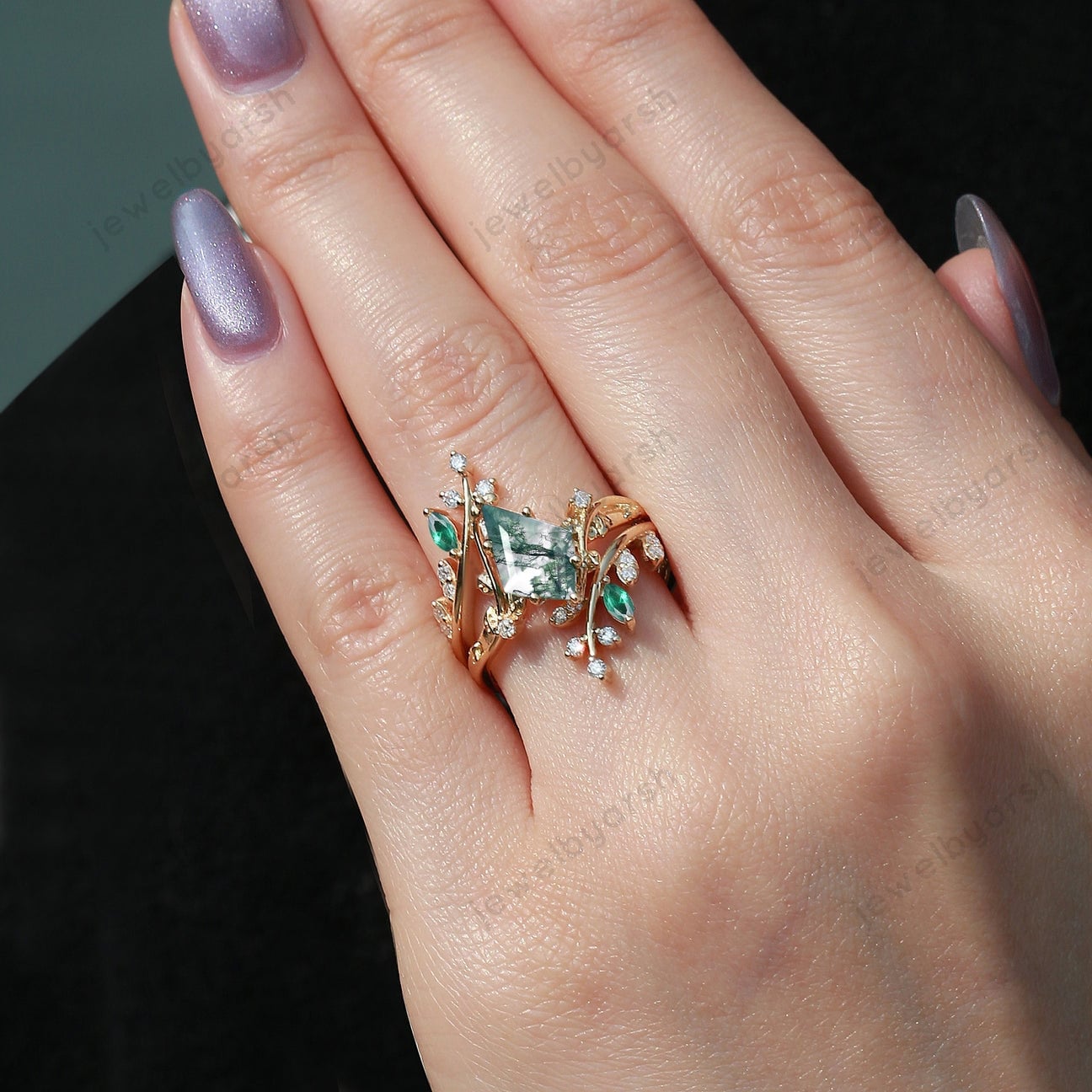Kite Cut Moss Agate Engagement Ring: Gold Emerald Leafy Anniversary Ring Set