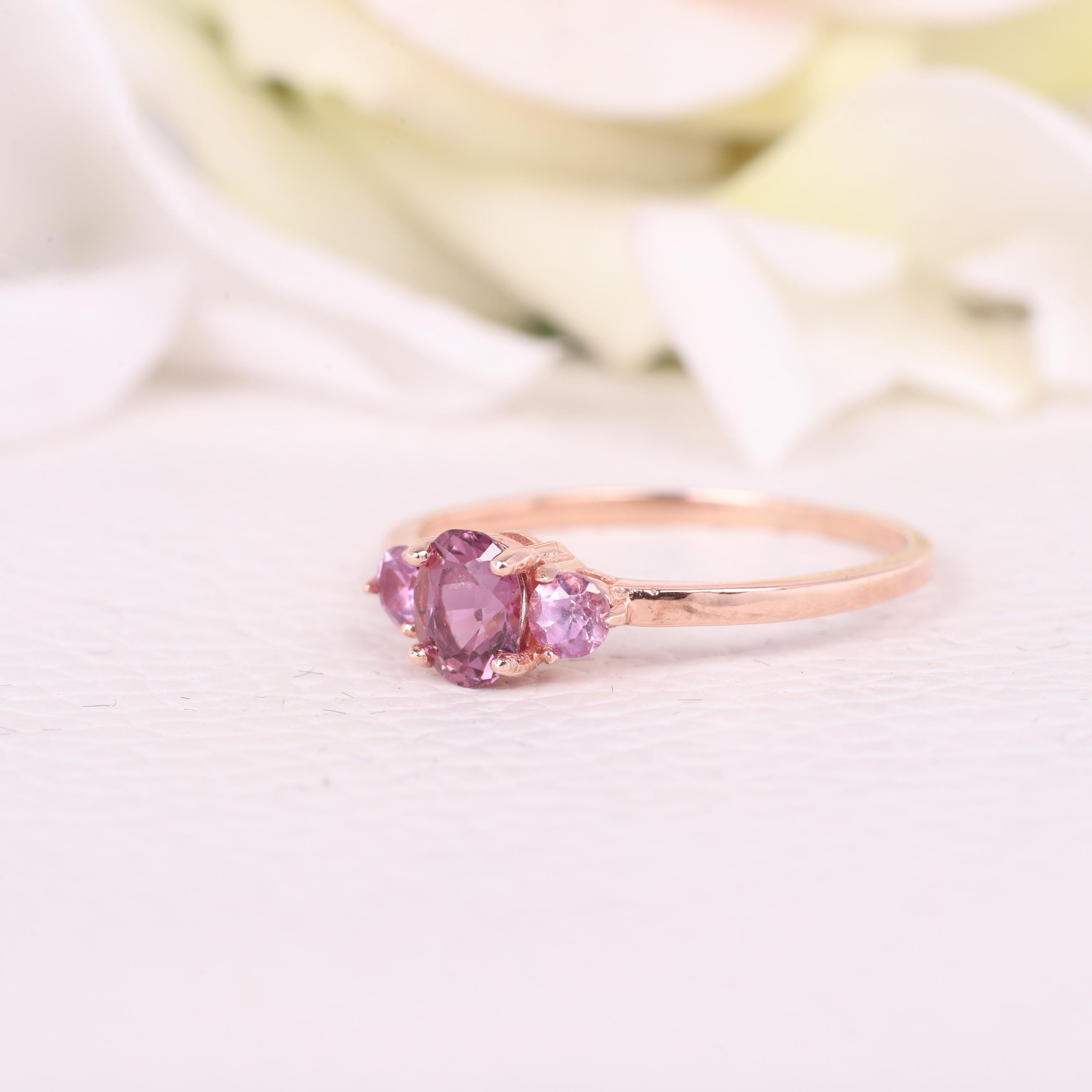 Pink Sapphire Sterling Silver Ring, Three Stone Lab Created Sapphire Engagement Ring, Pink Gemstone Trilogy Ring, September Birthstone Ring