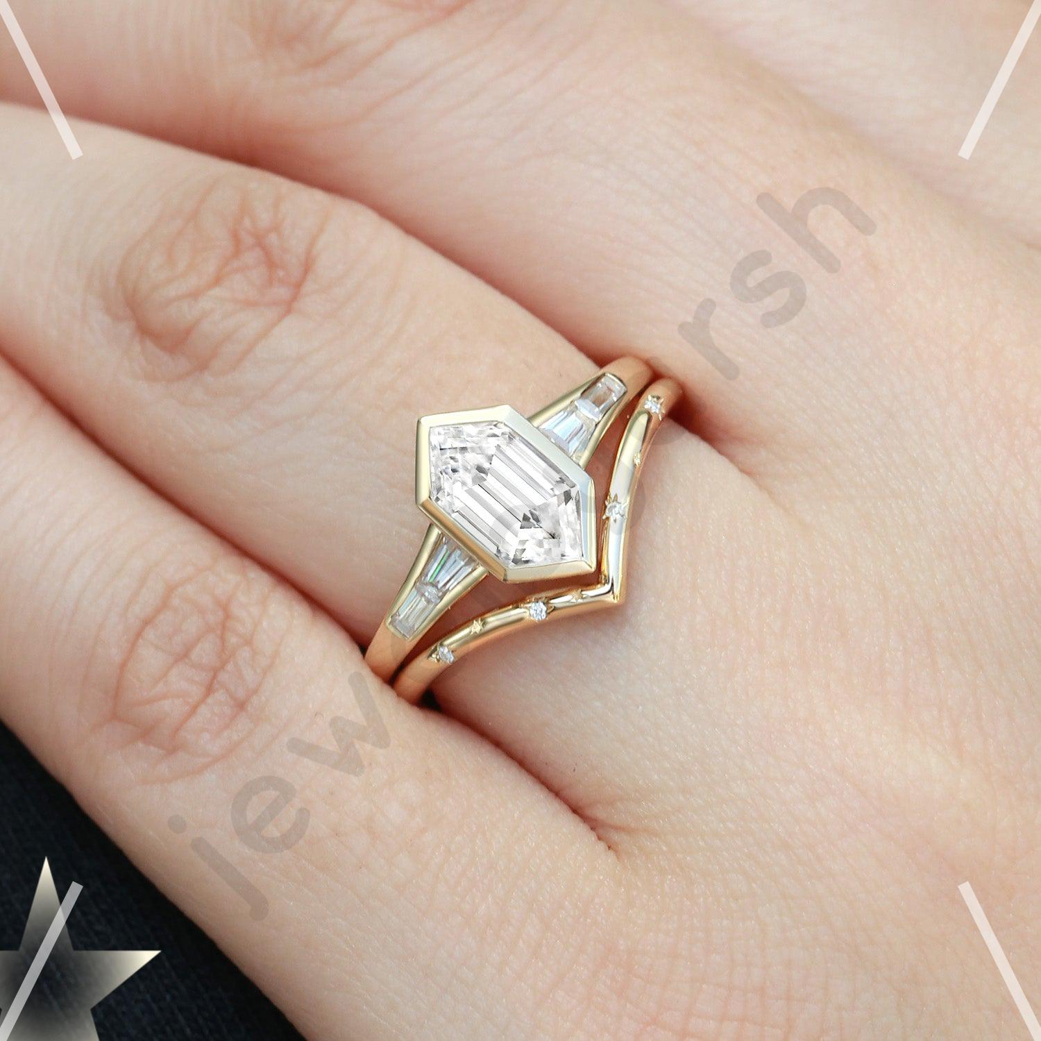 Art Deco Hexagon Moissanite Ring Set, 14K Gold Star Design Band, Bezel Moissanite Wedding Ring Set