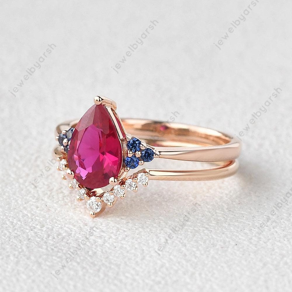 Pear Shape Ruby Ring Set, 2-Piece Red Lab Created Ruby & Blue Sapphire Wedding Ring Set, 925 Sterling Silver With Gold Micron Plating, July Birthstone