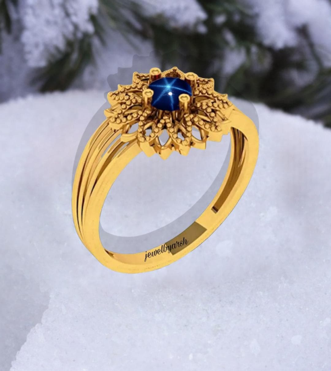 Blue Star Sapphire Ring, Yellow Gold Sun Design Ring, Lab Created Blue Sapphire Ring, September Birthstone Ring, Round Sapphire Promise Ring