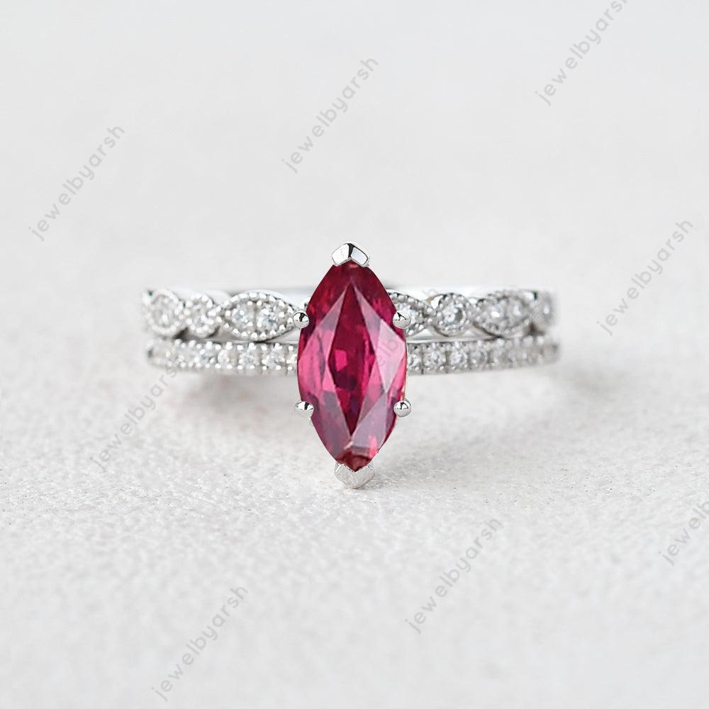 14k Marquise Ruby And Diamond Ring, Solitaire Ruby Ring, July Birthstone Vow Renewal Ring, Two Row Anniversary Band, 1st Anniversary Gift .