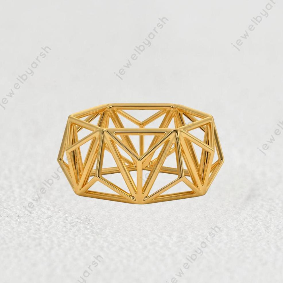 Unique Design Ring , Yellow Gold Ring,  Jaali Pattern Modern Ring, Wedding Engagement Gold Ring , Birthday Gift Ring For Love,