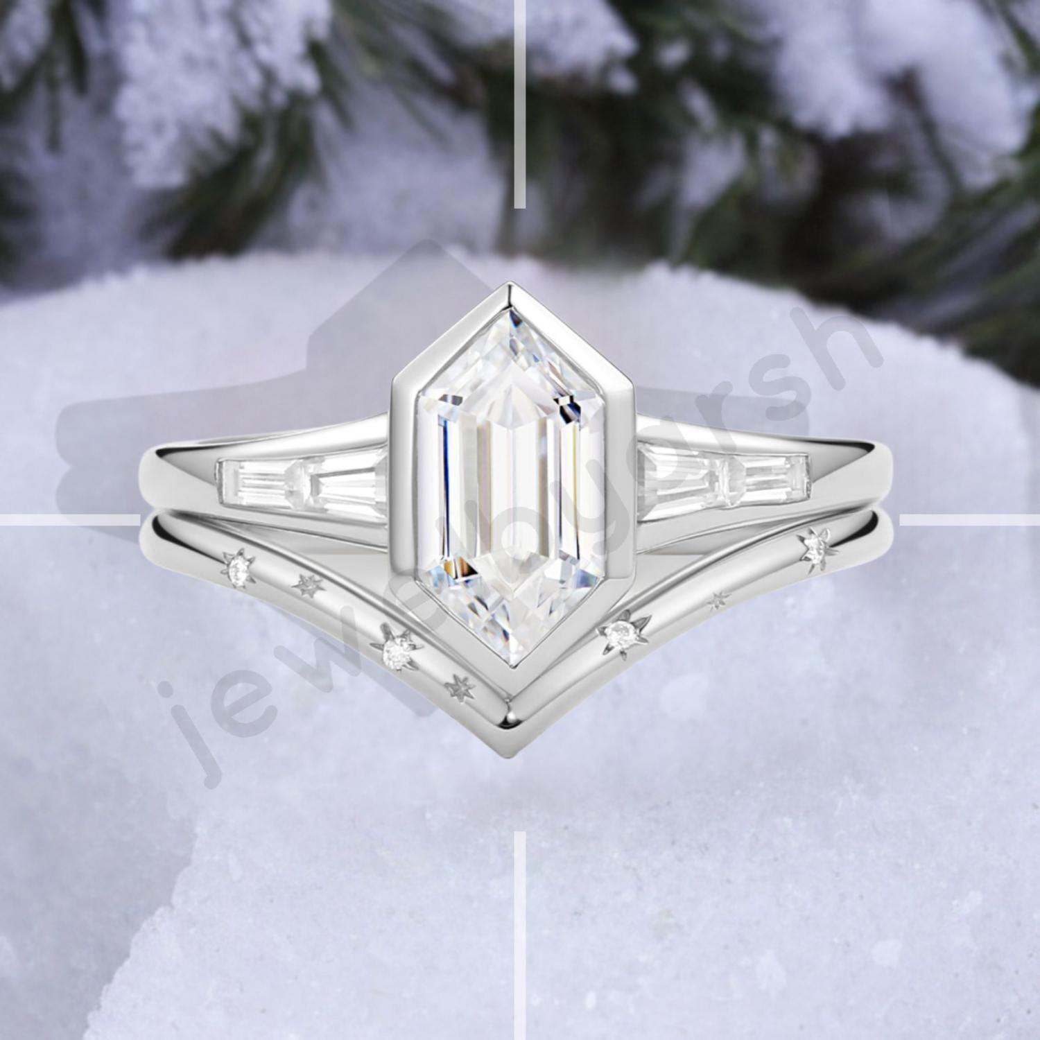 Art Deco Hexagon Moissanite Ring Set, 14K Gold Star Design Band, Bezel Moissanite Wedding Ring Set