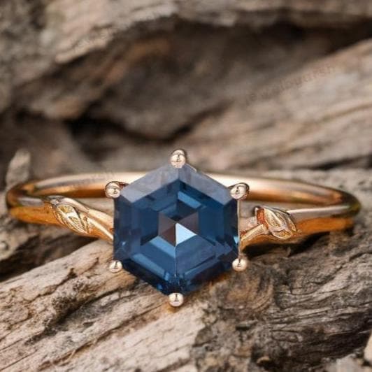 Hexagon Blue Topaz Ring, Lab Created Blue Topaz, October Birthstone, Gold Micron Plated 925 Sterling Silver Art Deco Ring