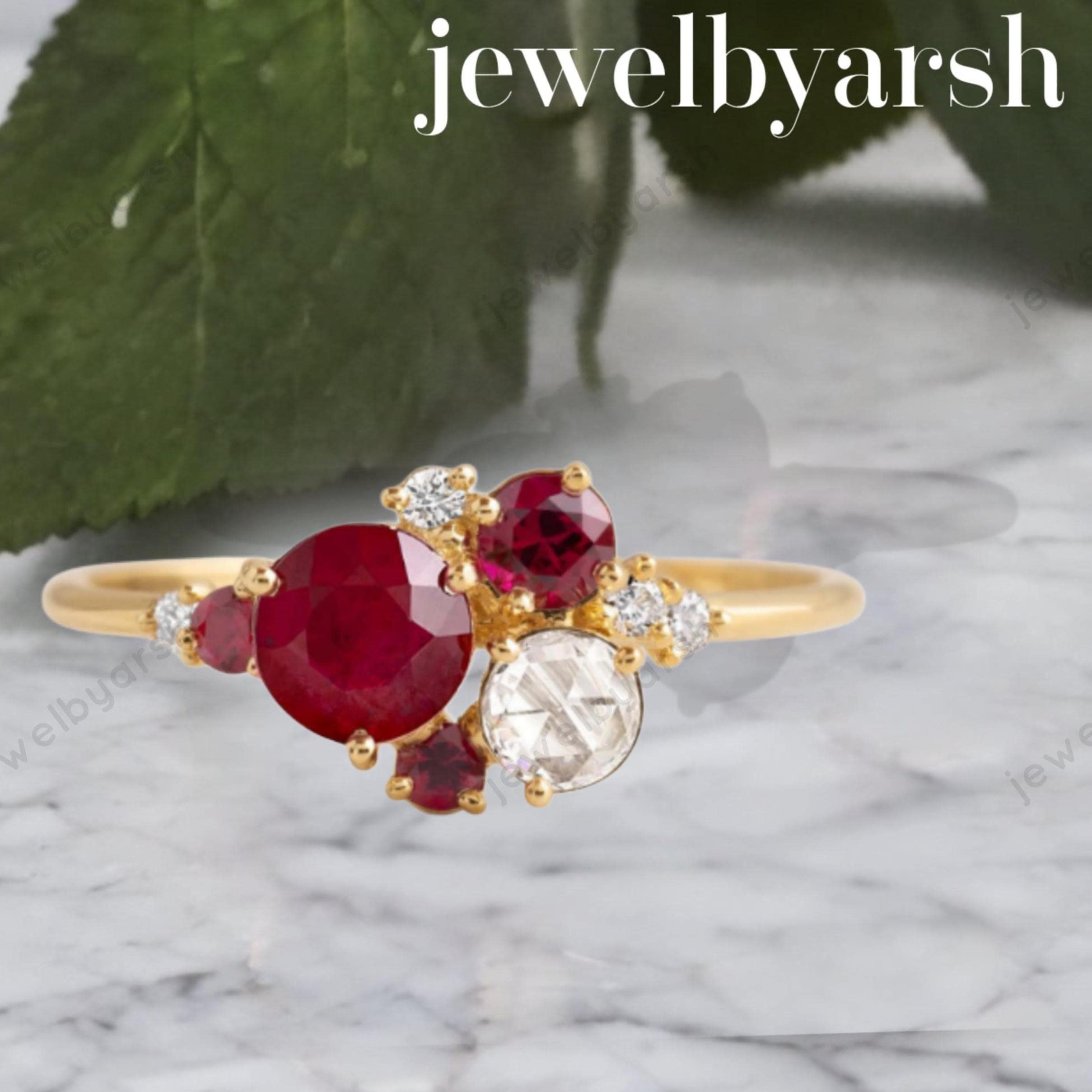 Multi Stone Cluster Ruby Ring, Wedding Anniversary Stone Ring, Colorful Gemstone Diamond Ring | Statement Ring For Women | Gift Jewelry
