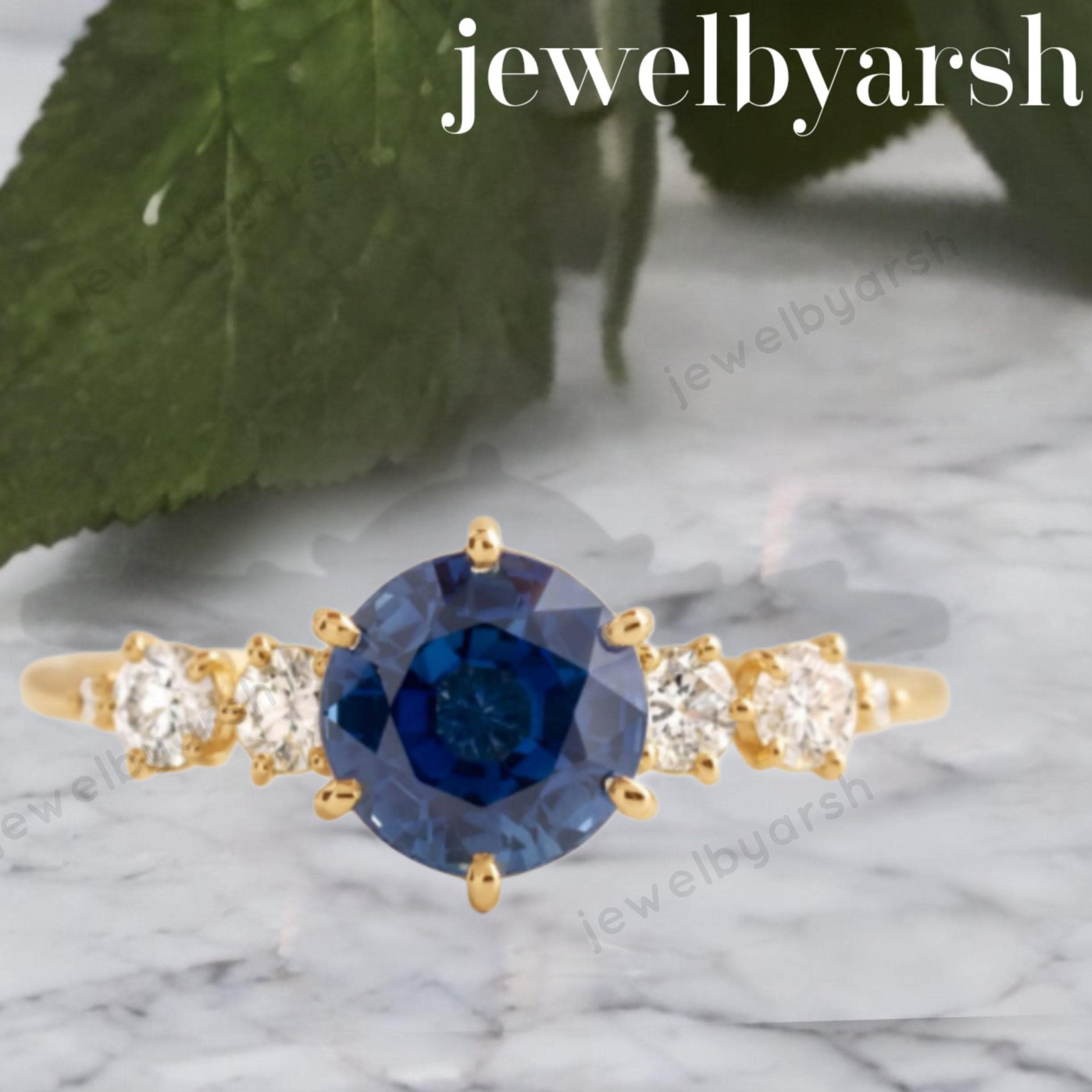 Blue Sapphire Ring, Yellow Gold Engagement Ring, Diamond Accent