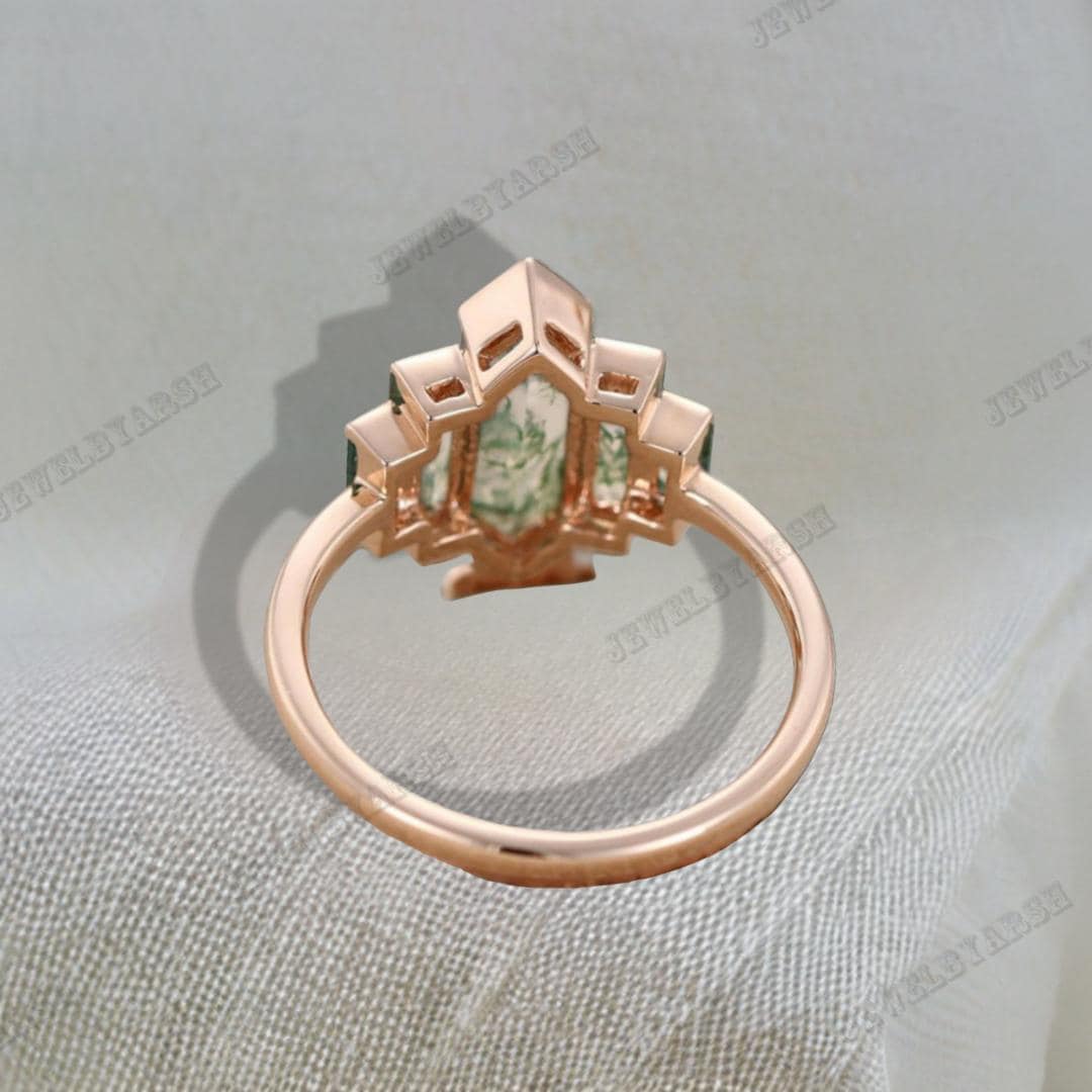 Vintage Moss Agate Engagement Ring: Art Deco Baguette Hexagon Ring