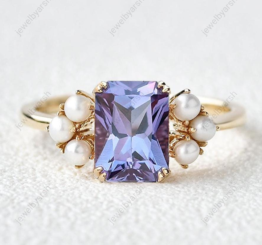 Alexandrite Pearl Ring: Yellow Gold Stackable Promise Ring