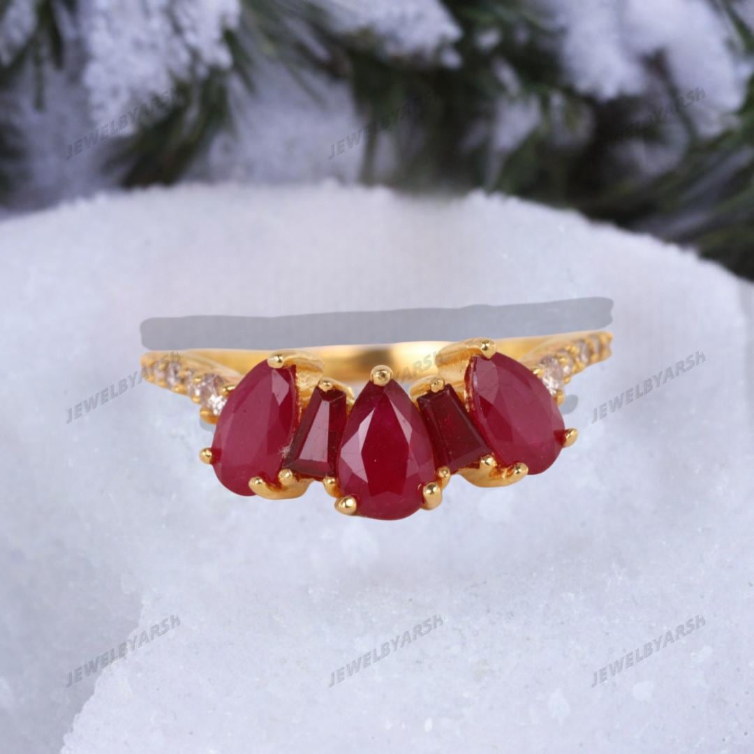 Pear Shape Ruby Ring, Red Lab Created Ruby & CZ Ring, 14K Yellow Gold Micron Plated 925 Sterling Silver, July Birthstone
