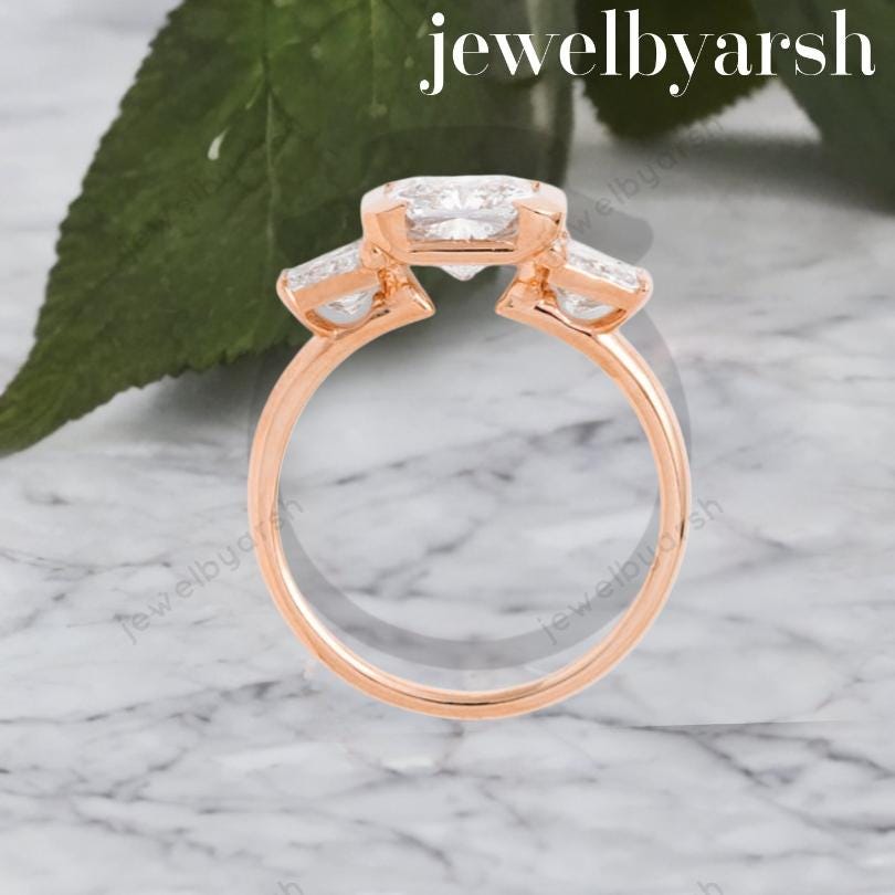 Three Stone Radiant Cut Moissanite Ring, Lab Created Pink Moissanite Trilogy Engagement Ring, 925 Sterling Silver Ring, 9K 14K 18K Options