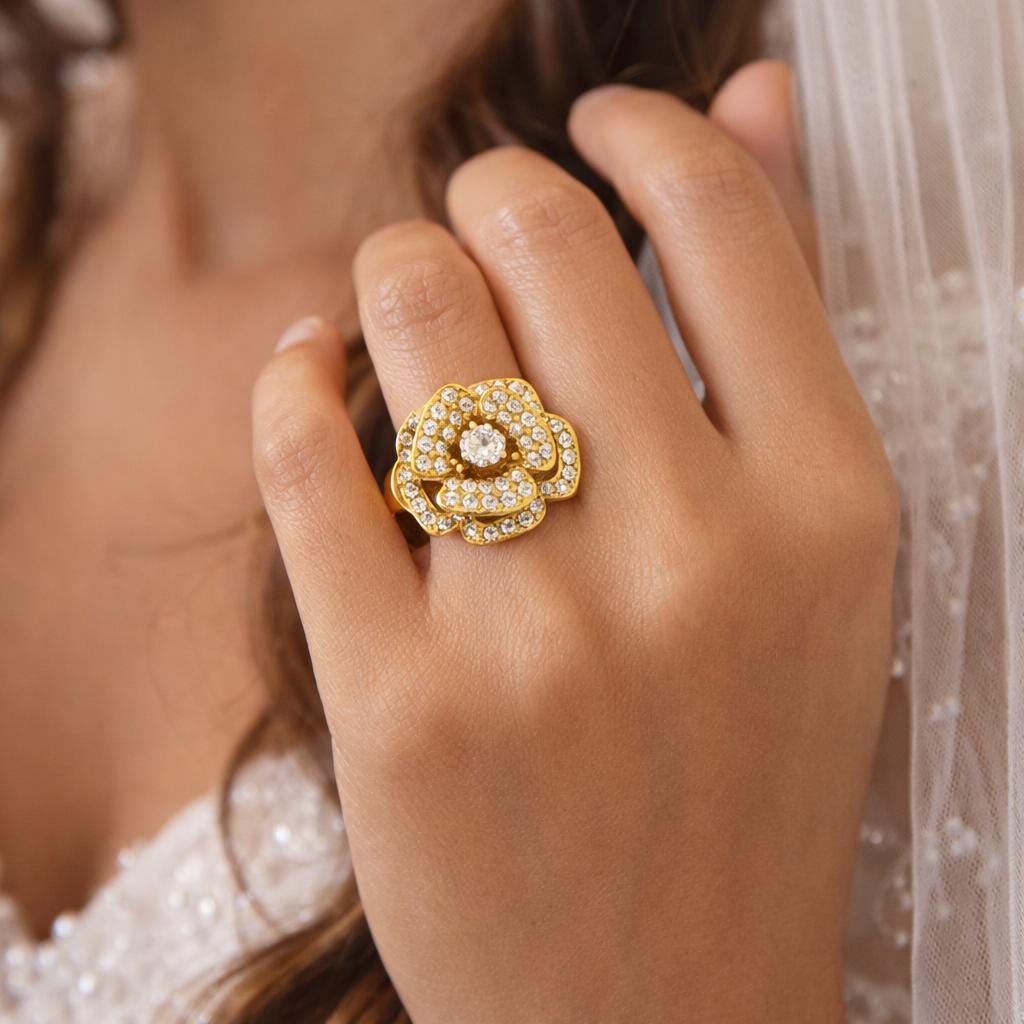 Diamond Rose Flower Ring: CZ Gemstone, Party Jewelry