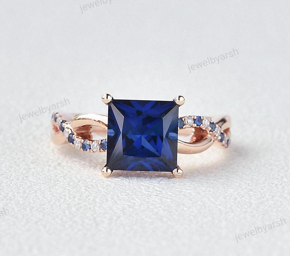 Blue Sapphire Ring, Sterling Silver, Princess Cut, September Birthstone Ring, Diamond Engagement Ring, Blue Ring Gold Band, Dainty Gift Ring