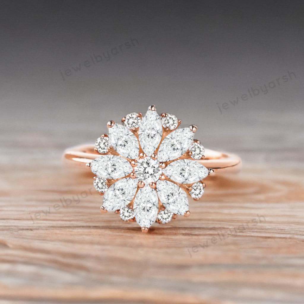 Floral Moissanite Ring, Colorless Lab Created Moissanite Flower Ring, 925 Sterling Silver, April Birthstone