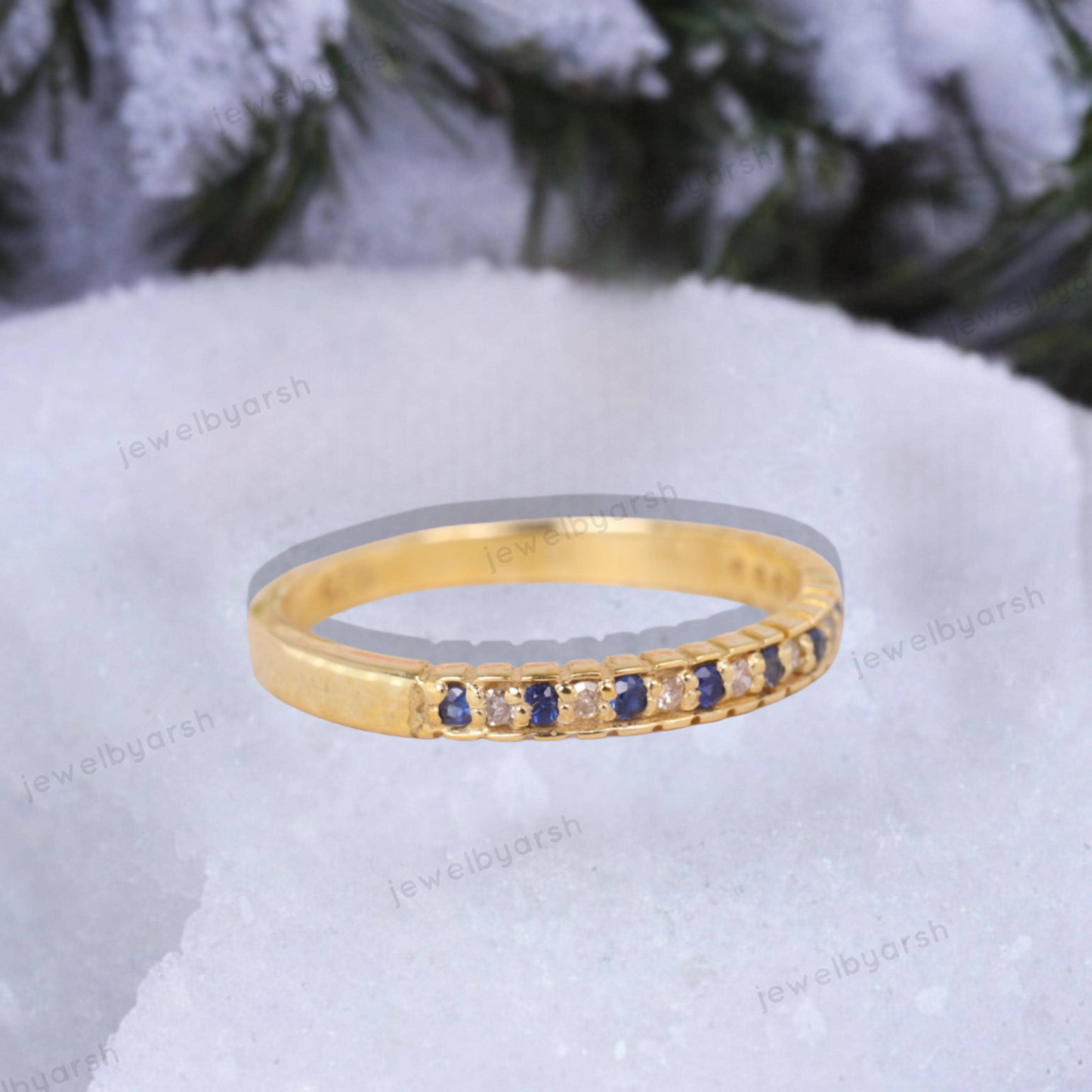 Art Deco Sapphire Half Eternity Ring, Blue Sapphire & CZ Diamond Ring, Round Sapphire Wedding Band, 925 Sterling Silver Ring