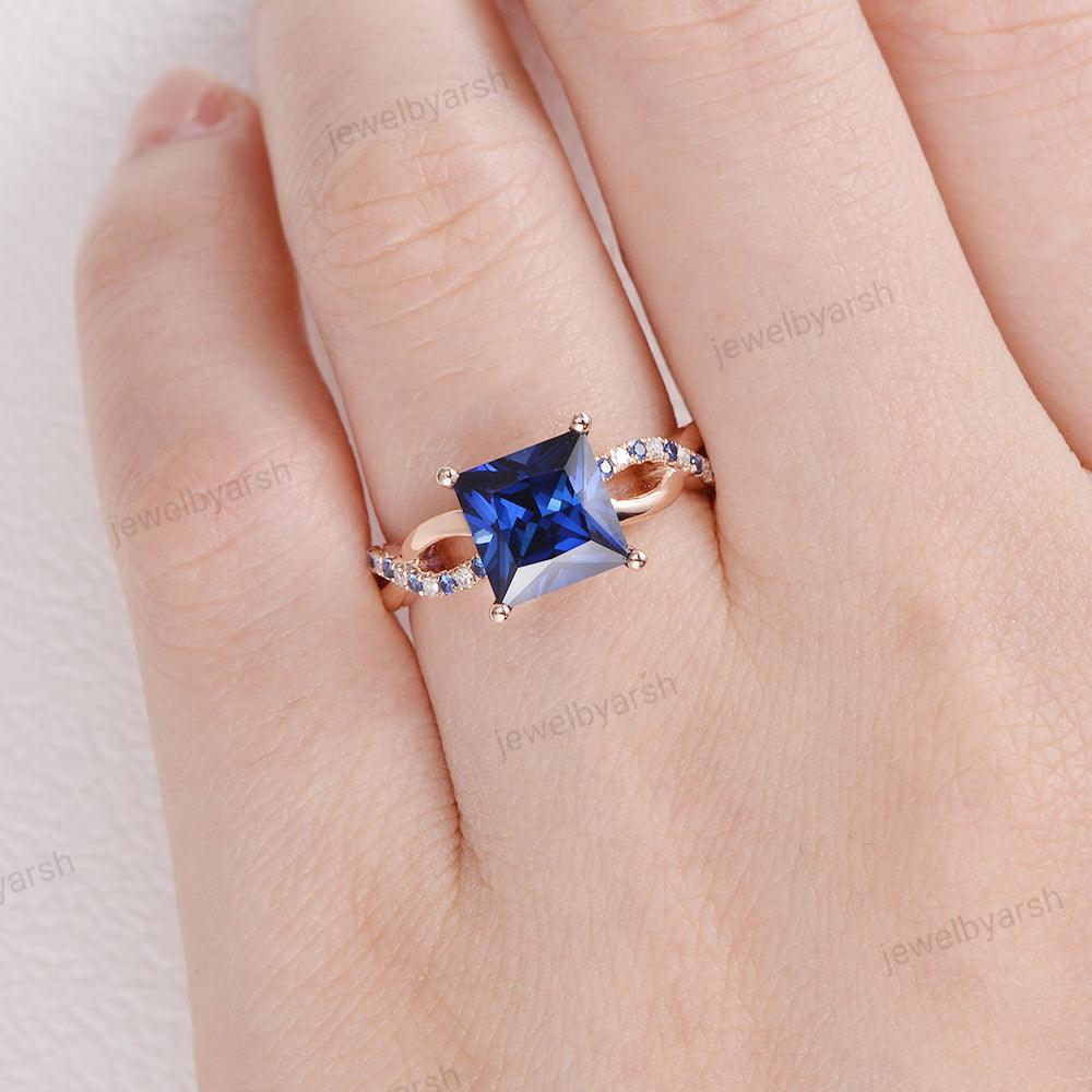 Blue Sapphire Ring, Sterling Silver, Princess Cut, September Birthstone Ring, Diamond Engagement Ring, Blue Ring Gold Band, Dainty Gift Ring