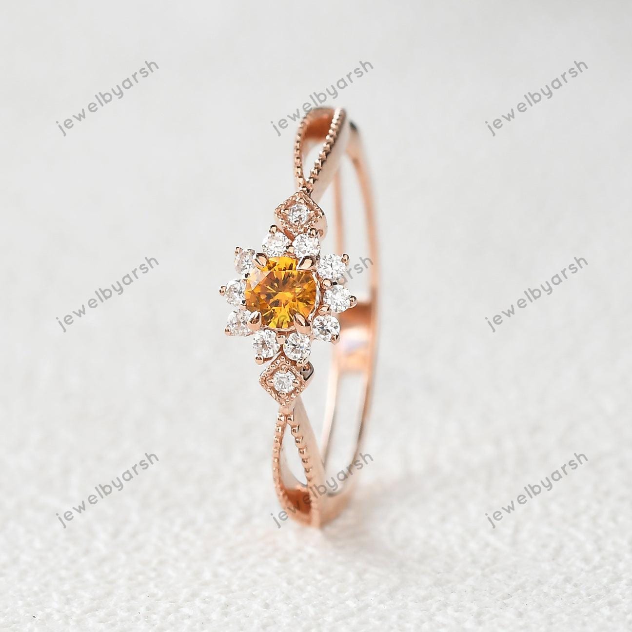 Citrine Halo Ring, Round Yellow Gemstone & CZ Diamond Bridal Ring