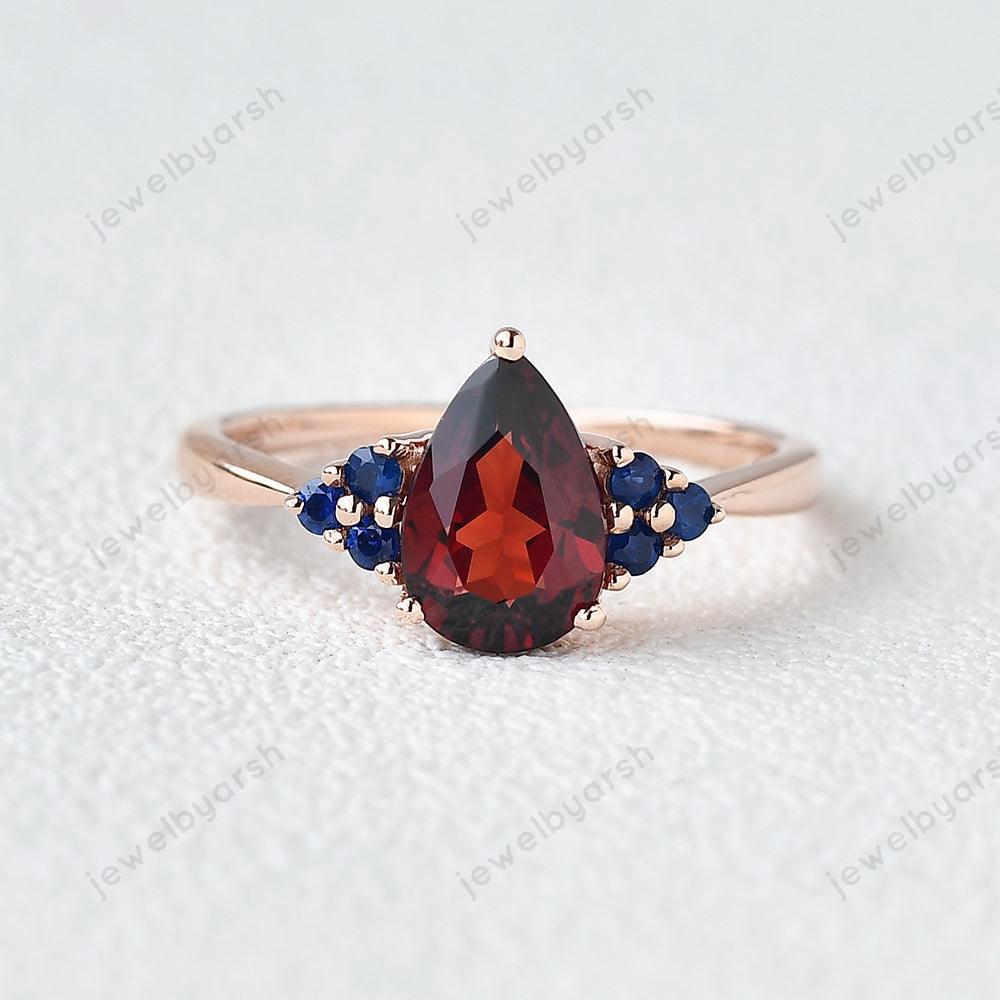 1.5ct Pear Shape Red Garnet Wedding Ring, Blue Sapphire Ring,  Rose Gold Bridal Ring , January  Birth Stone Ring  , Garnet Ring Gift For Her