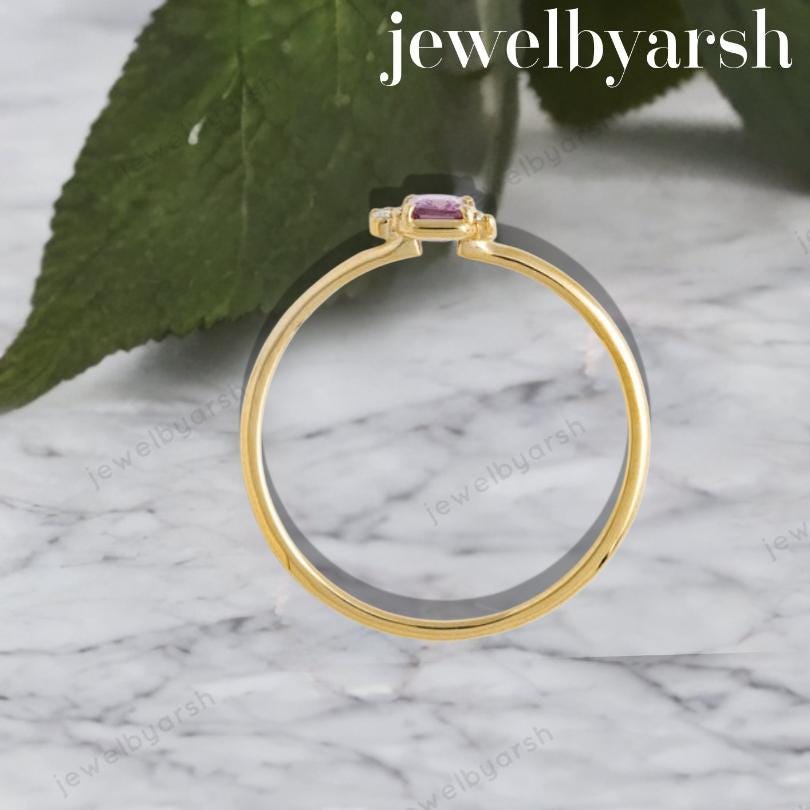 Pink Sapphire Emerald Cut Ring, Lab Created Pink Sapphire & CZ Ring, 925 Sterling Silver With Gold Micron Plating, September Birthstone