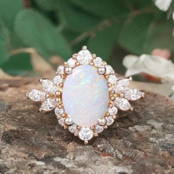 Unique Opal Anniversary Ring , 14K Rose Gold  Engagement Ring, October Birthstone Ring, Diamond Ring, Art Deco Ring, Unique Gift For Her