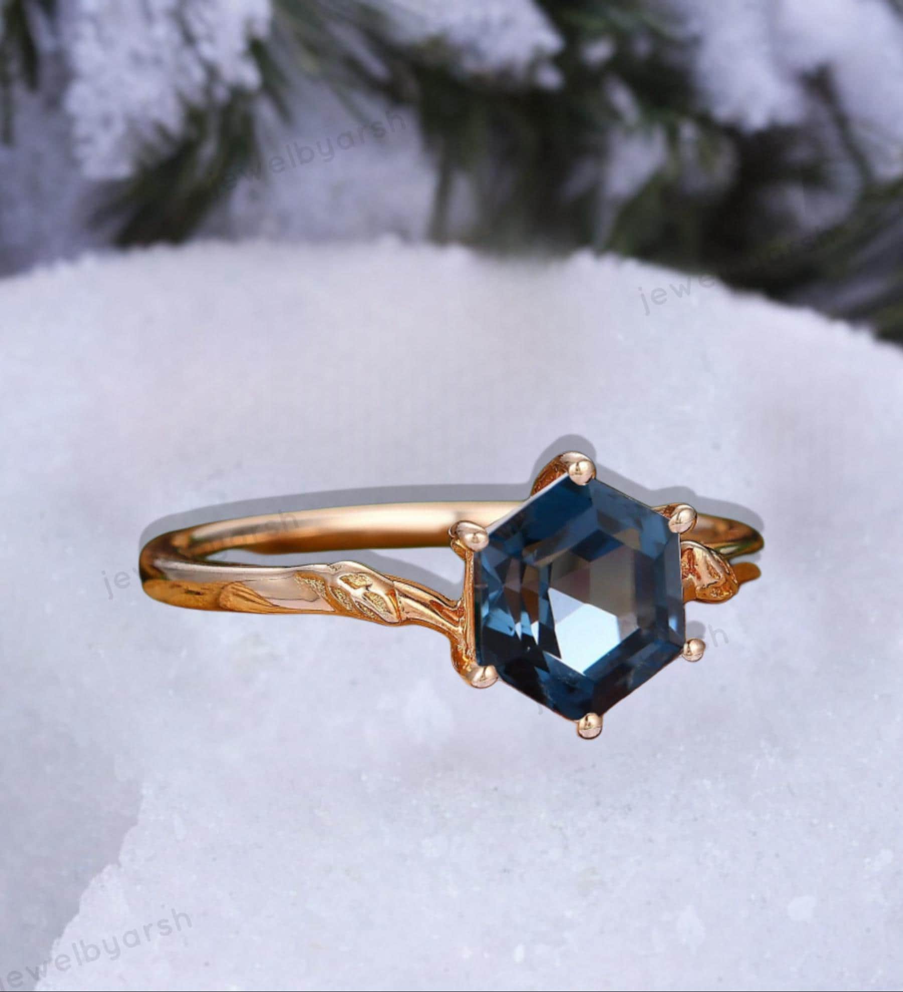 Hexagon Blue Topaz Ring, Lab Created Blue Topaz, October Birthstone, Gold Micron Plated 925 Sterling Silver Art Deco Ring