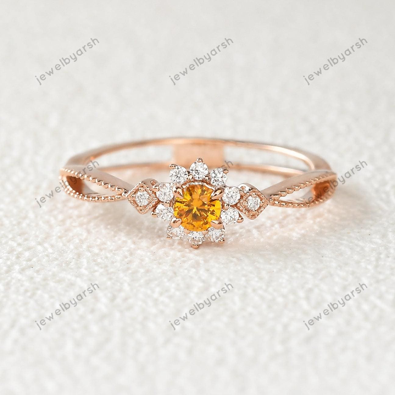 Citrine Halo Ring, Round Yellow Gemstone & CZ Diamond Bridal Ring