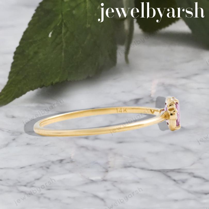 Pink Sapphire Emerald Cut Ring, Lab Created Pink Sapphire & CZ Ring, 925 Sterling Silver With Gold Micron Plating, September Birthstone