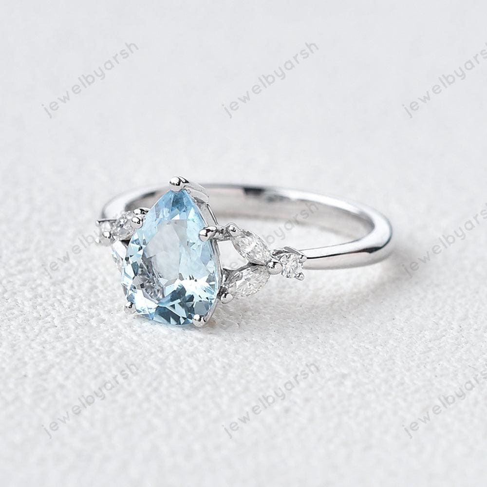 Pear Cut Aquamarine Ring, 925 Sterling Silver, Moissanite Wedding Ring, March Birthstone Ring, Unique Design Gift Ring,  Aquamarine Jewelry