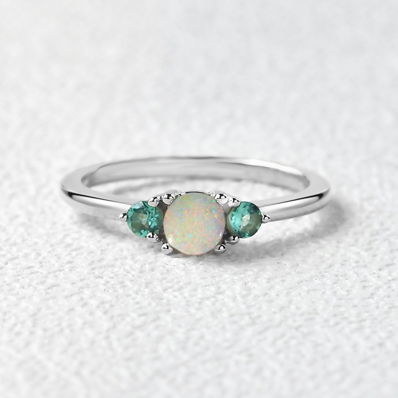 Fire Opal & Emerald Ring, 5mm Round Lab Created Fire Opal, Green Emerald, October Birthstone, 925 Sterling Silver