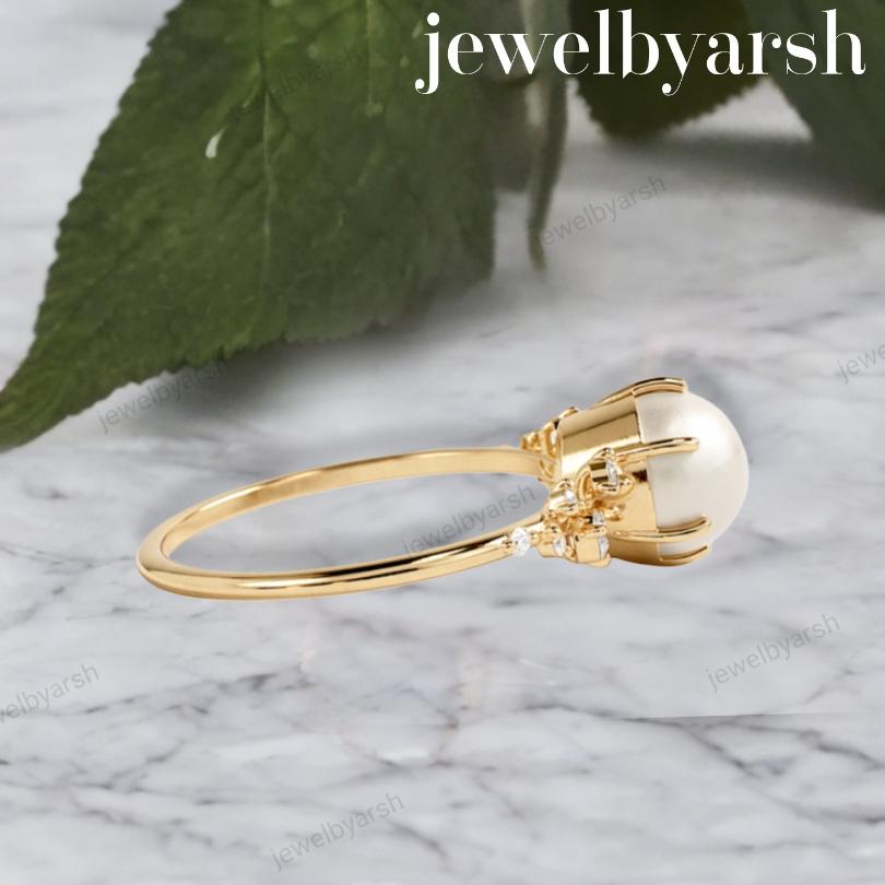 Round Pearl Ring, Lab Grown Pearl Engagement Ring, Diamond Accent Ring, Dainty Pearl Promise Ring, 925 Sterling Silver Jewelry