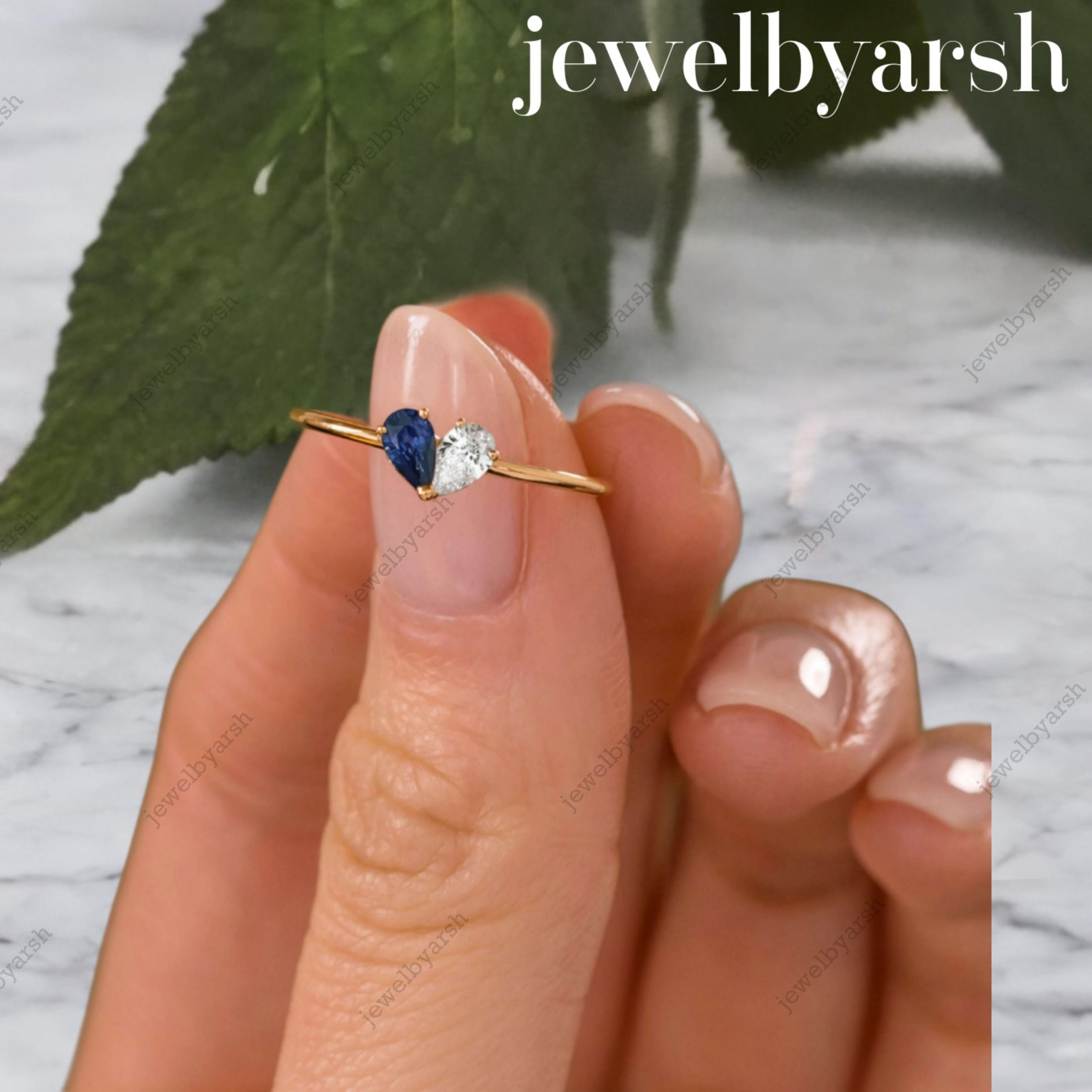 Toi Et Moi Blue Sapphire Moissanite Teardrop Ring | Two Stone Pear Drop Shape Promise Ring In 14K Gold & Silver | Unique Gift For Her