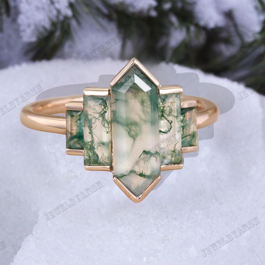 Vintage Moss Agate Engagement Ring: Art Deco Baguette Hexagon Ring