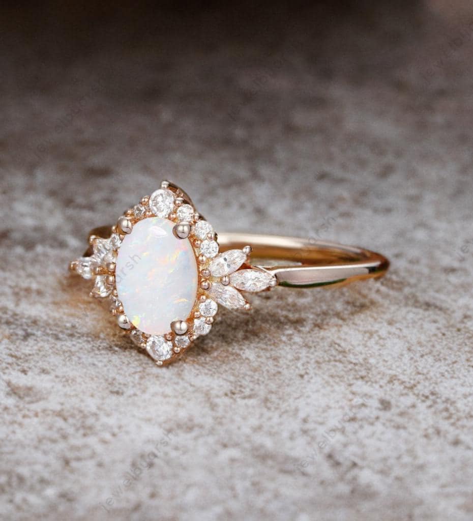 Unique Opal Anniversary Ring , 14K Rose Gold  Engagement Ring, October Birthstone Ring, Diamond Ring, Art Deco Ring, Unique Gift For Her