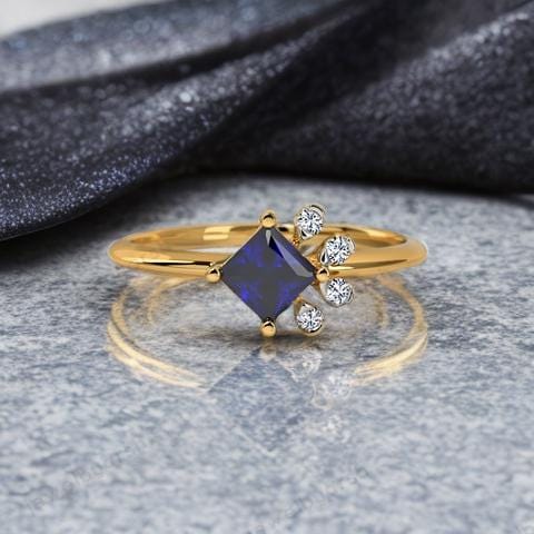 Princess Cut Blue Sapphire Ring | 14K Yellow Gold Sapphire Engagement Ring | Minimalist Fine Jewelry, Diamond Ring, Classic Engagement Ring