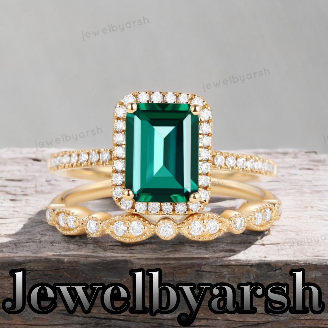 Emerald Halo Bridal Ring Set, Green Emerald Engagement Ring Set, May Birthstone, CZ Diamond Halo, 925 Sterling Silver