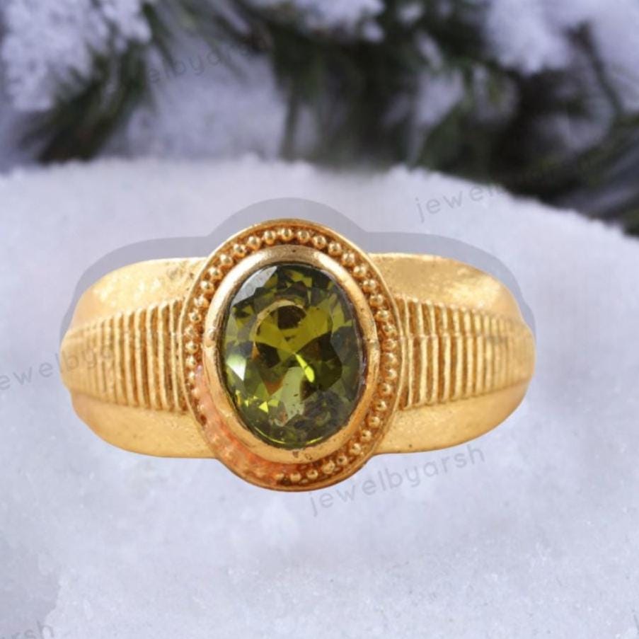 Oval Shape Green Peridot Gemstone Signet Ring, Men Women Engraved Ring, August Birthstone Ring, Birthday Gift For Father