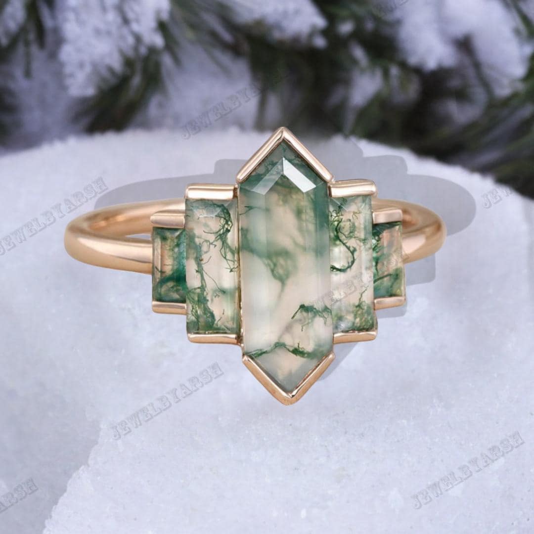 Vintage Moss Agate Engagement Ring: Art Deco Baguette Hexagon Ring