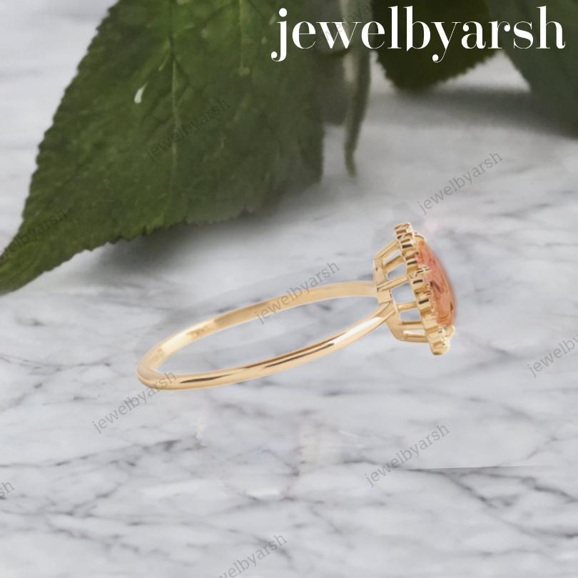 Orange Sandstone Ring | Yellow Gold Round Stone Halo, Adjustable Ring