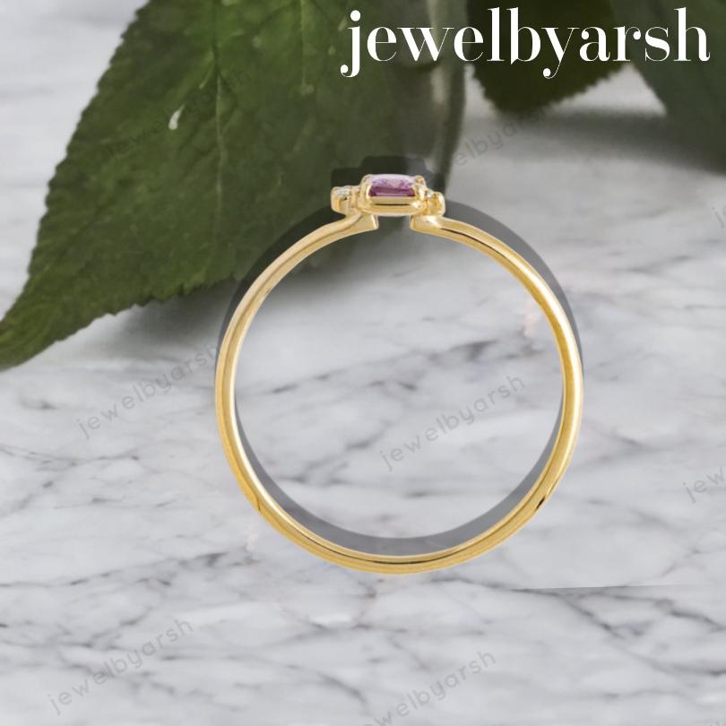 Pink Sapphire Emerald Cut Ring, Lab Created Pink Sapphire & CZ Ring, 925 Sterling Silver With Gold Micron Plating, September Birthstone
