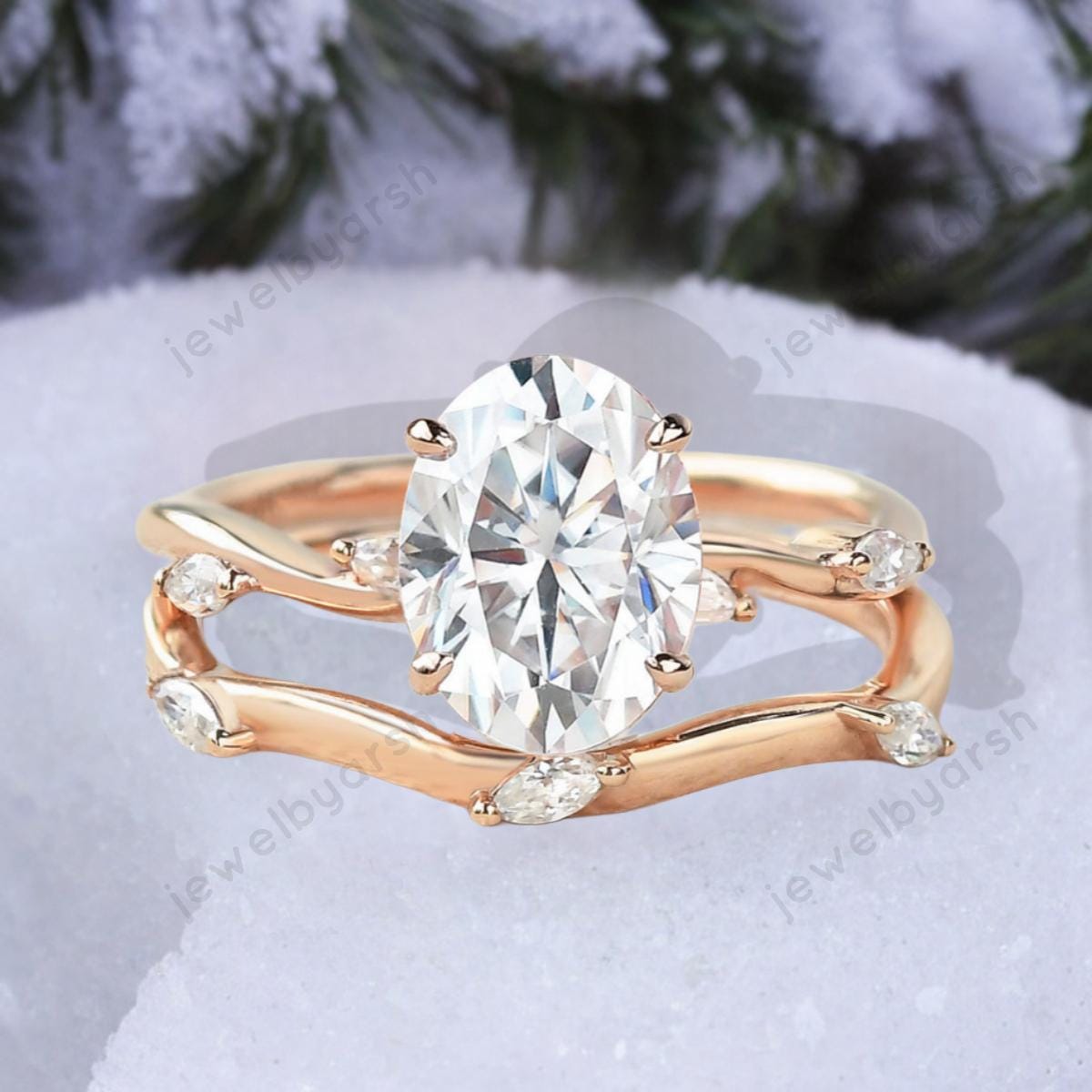 Moissanite Oval Cut Ring Set â€¢ Gold Diamond CZ Accent, Nature Theme
