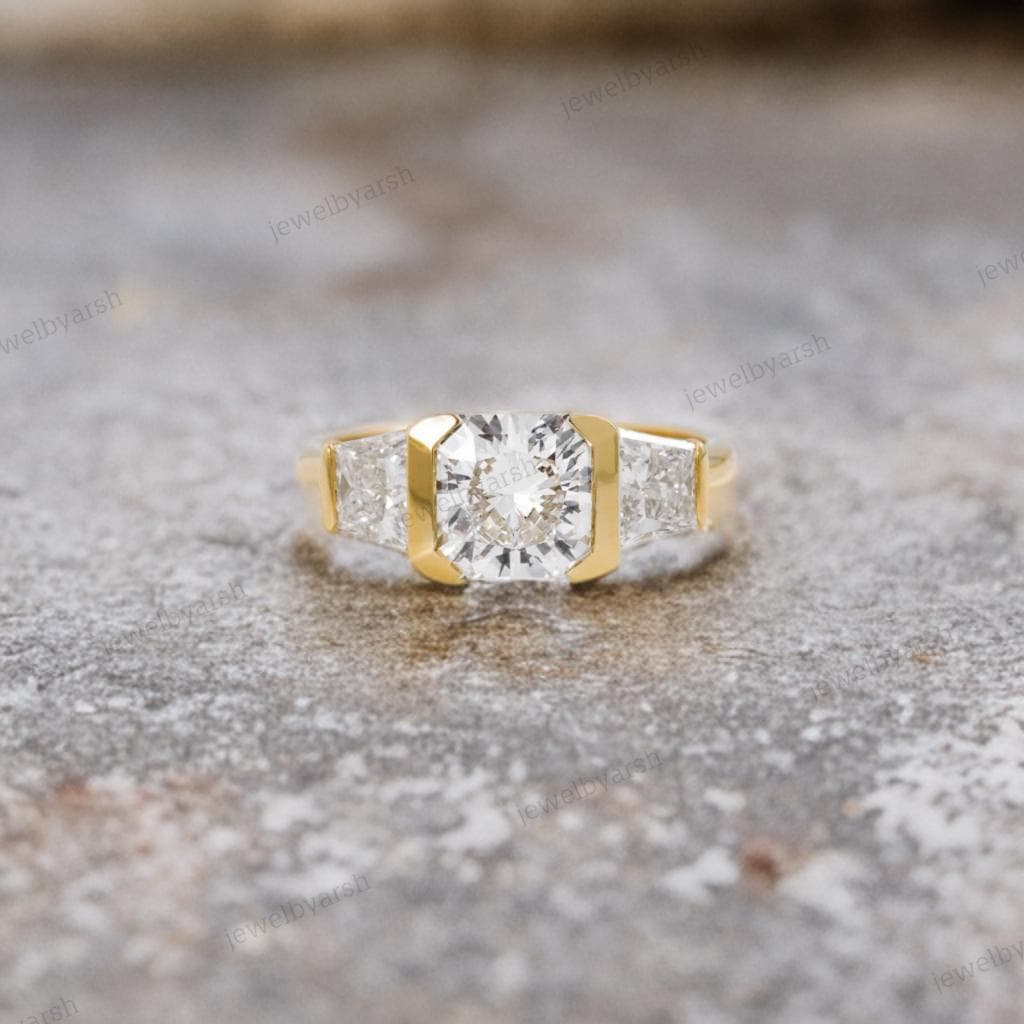 Three Stone Radiant Cut Moissanite Ring, Lab Created Pink Moissanite Trilogy Engagement Ring, 925 Sterling Silver Ring, 9K 14K 18K Options
