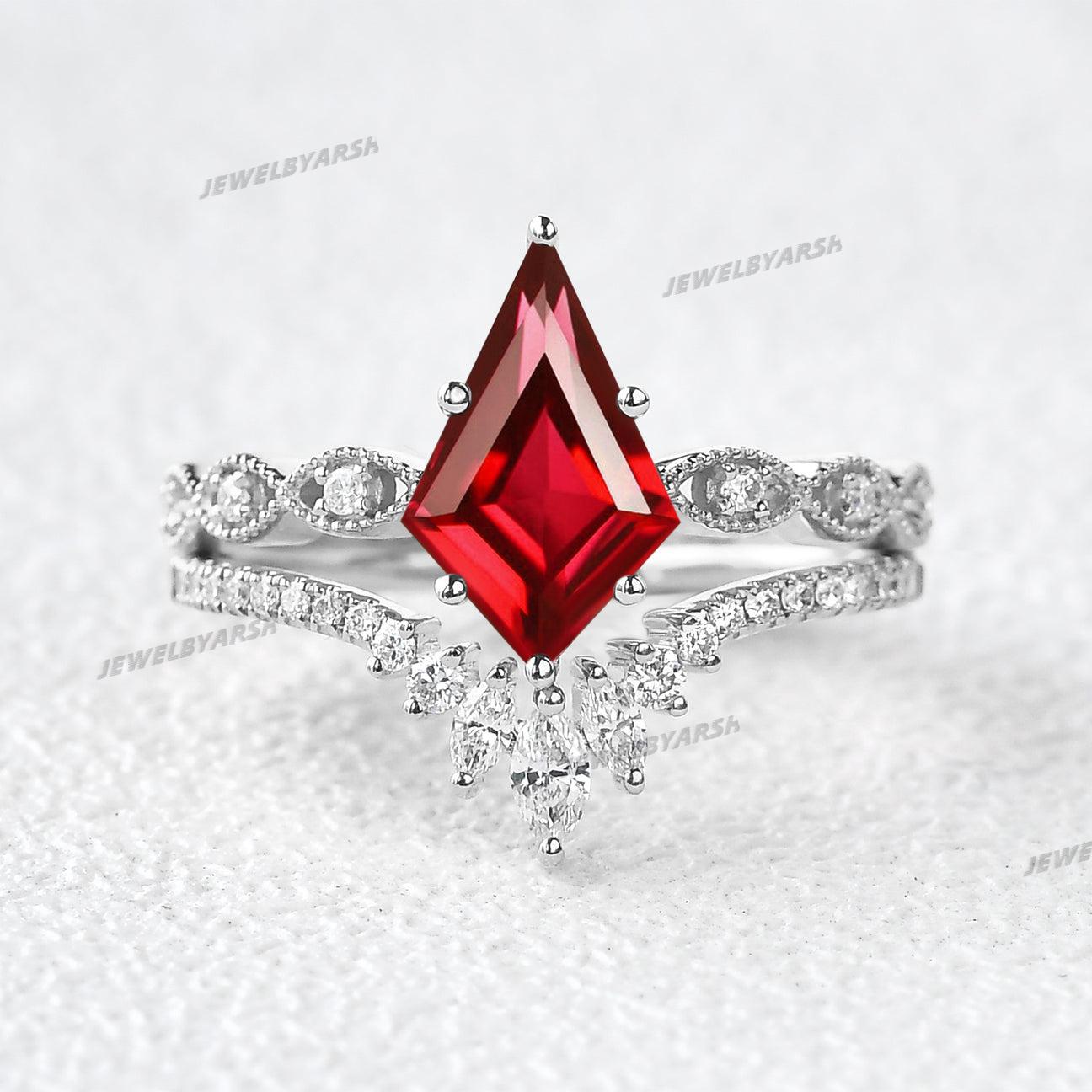 Kite Red Ruby Ring Set, Art Deco Silver Bridal Promise Ring, Red Ruby Jewelry, Unique Engagement Ring, Layered Wedding Jewelry