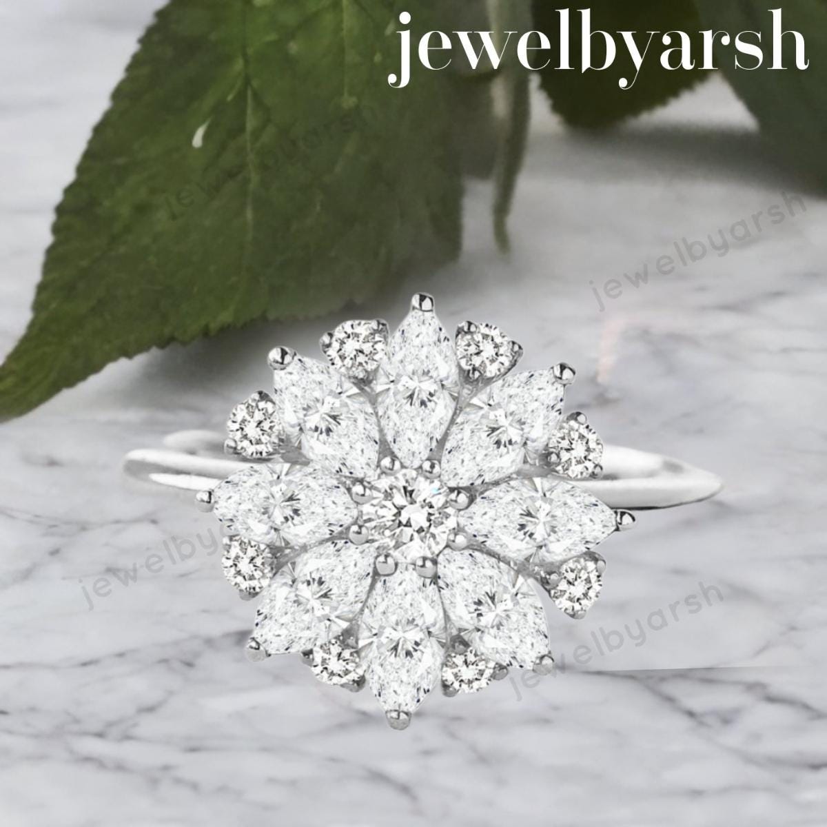 Floral Moissanite Ring, Colorless Lab Created Moissanite Flower Ring, 925 Sterling Silver, April Birthstone